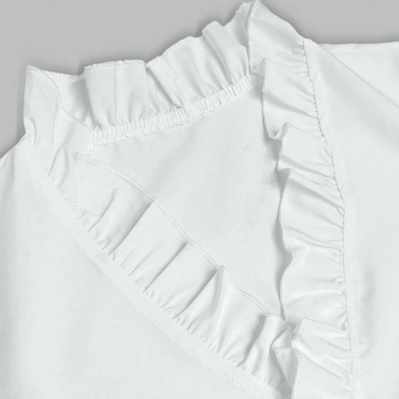 Classic White Solid Ruffle detail V neck Long sleeve Top - Picture 4 of 5